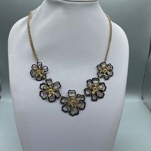 Gold Tone Black Enamel Layered Flower Bib Statement Necklace Adjustable Chain